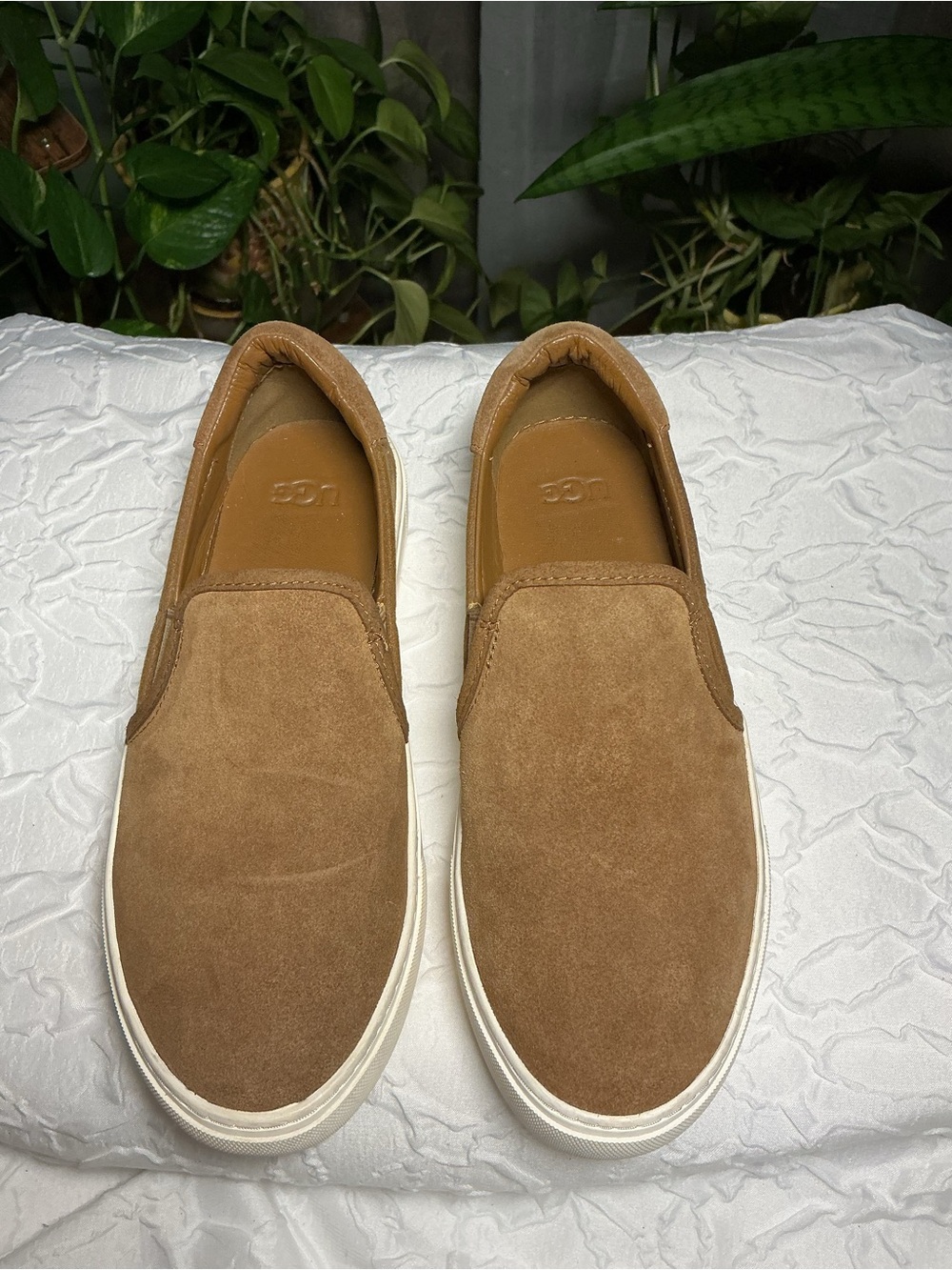 UGG Women’s Tan Suede Slip-On Loafers with White Sole